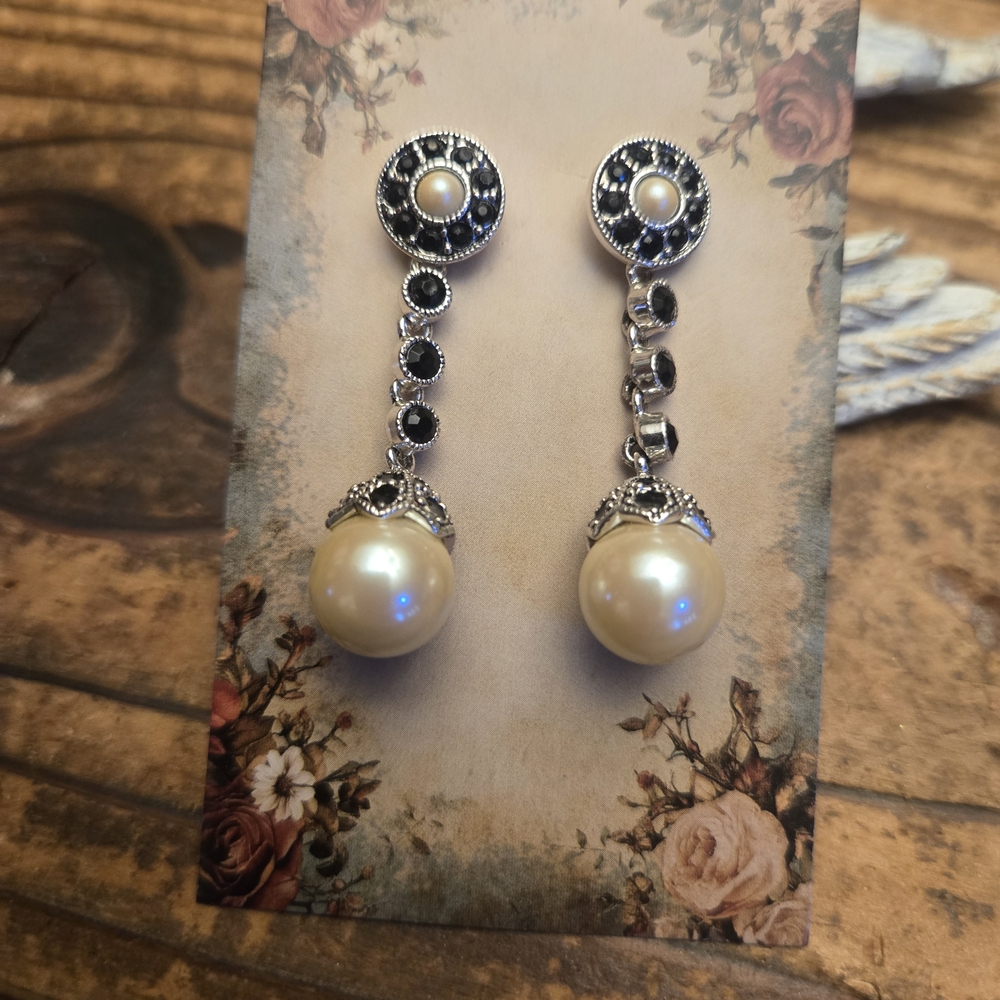 Elegant Pearl and Black Stone Drop Earrings
